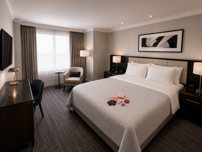 Modern hotel room with a Sweetums Intimacy Kit on the bed with the contents laid out.