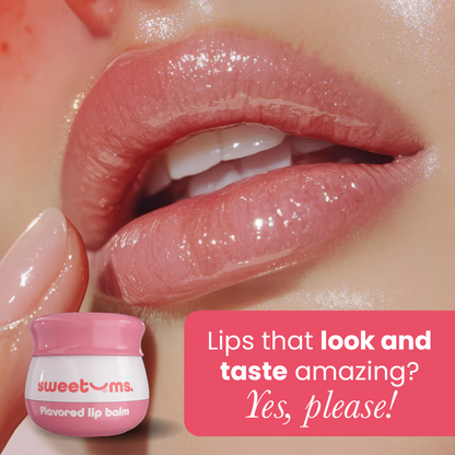 Close-up of lips with a container of flavored lip balm and promotional text.