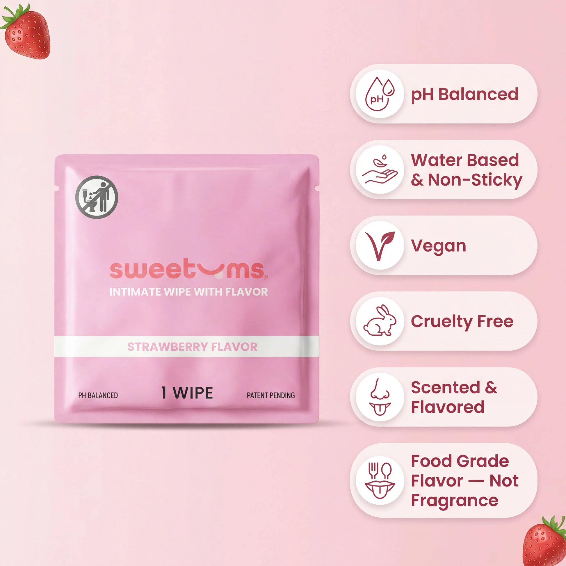 Pink package of 'sweetums' intimate wipes with flavor on a pink background, featuring product features.