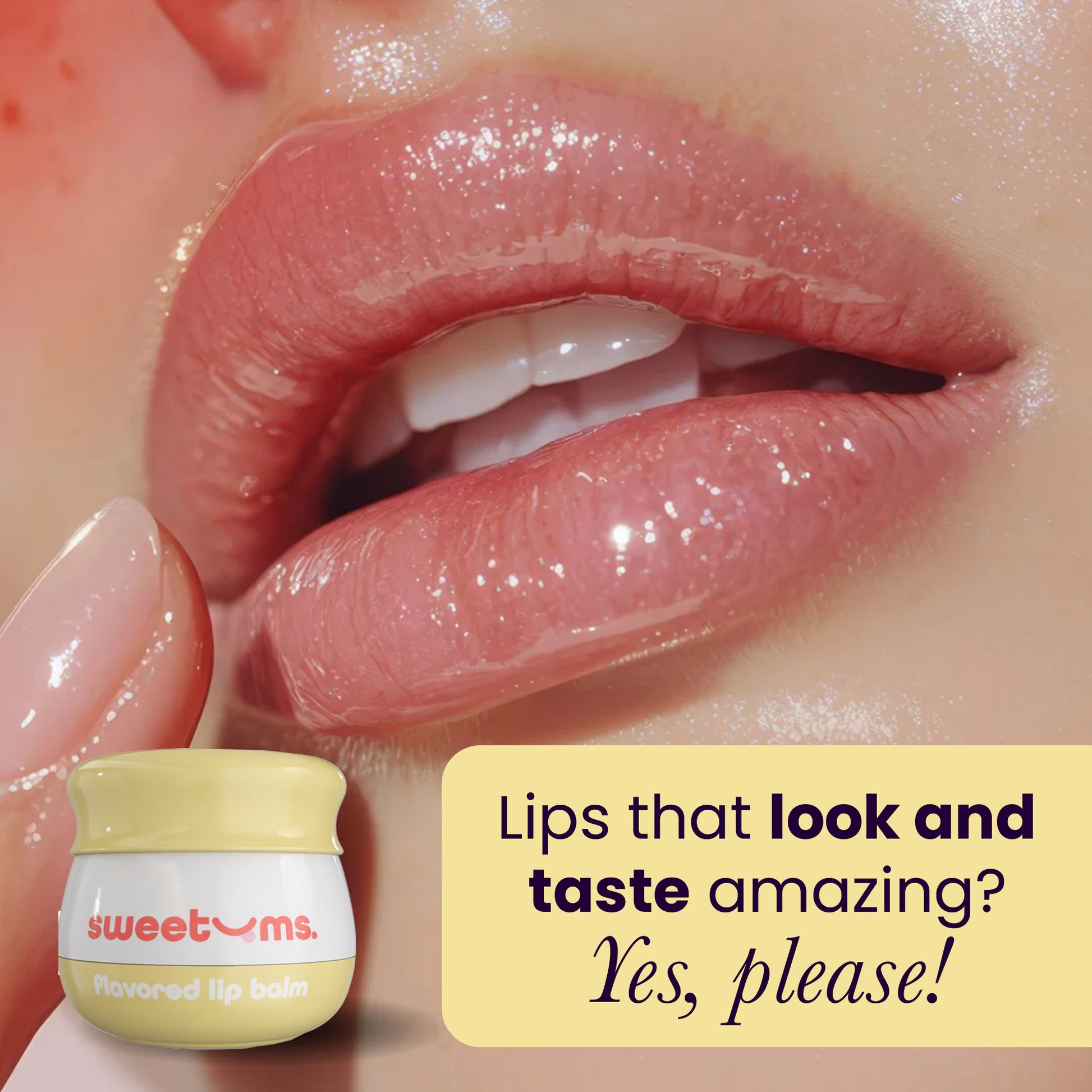 Close-up of lips with a container of Sweetums vanilla flavored lip balm