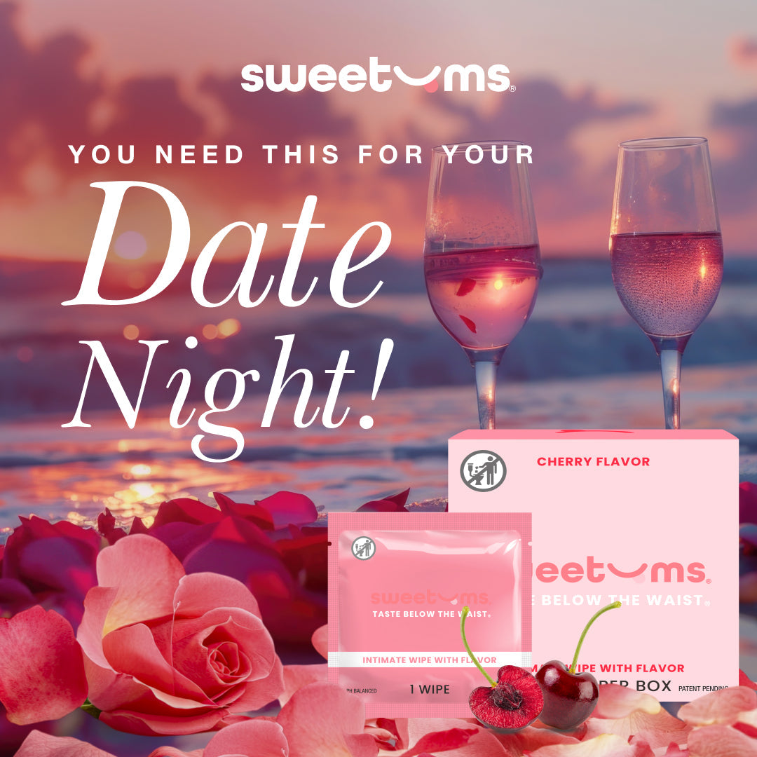 Advertisement for sweetums products with two glasses of pink champagne and roses on a beach at sunset.