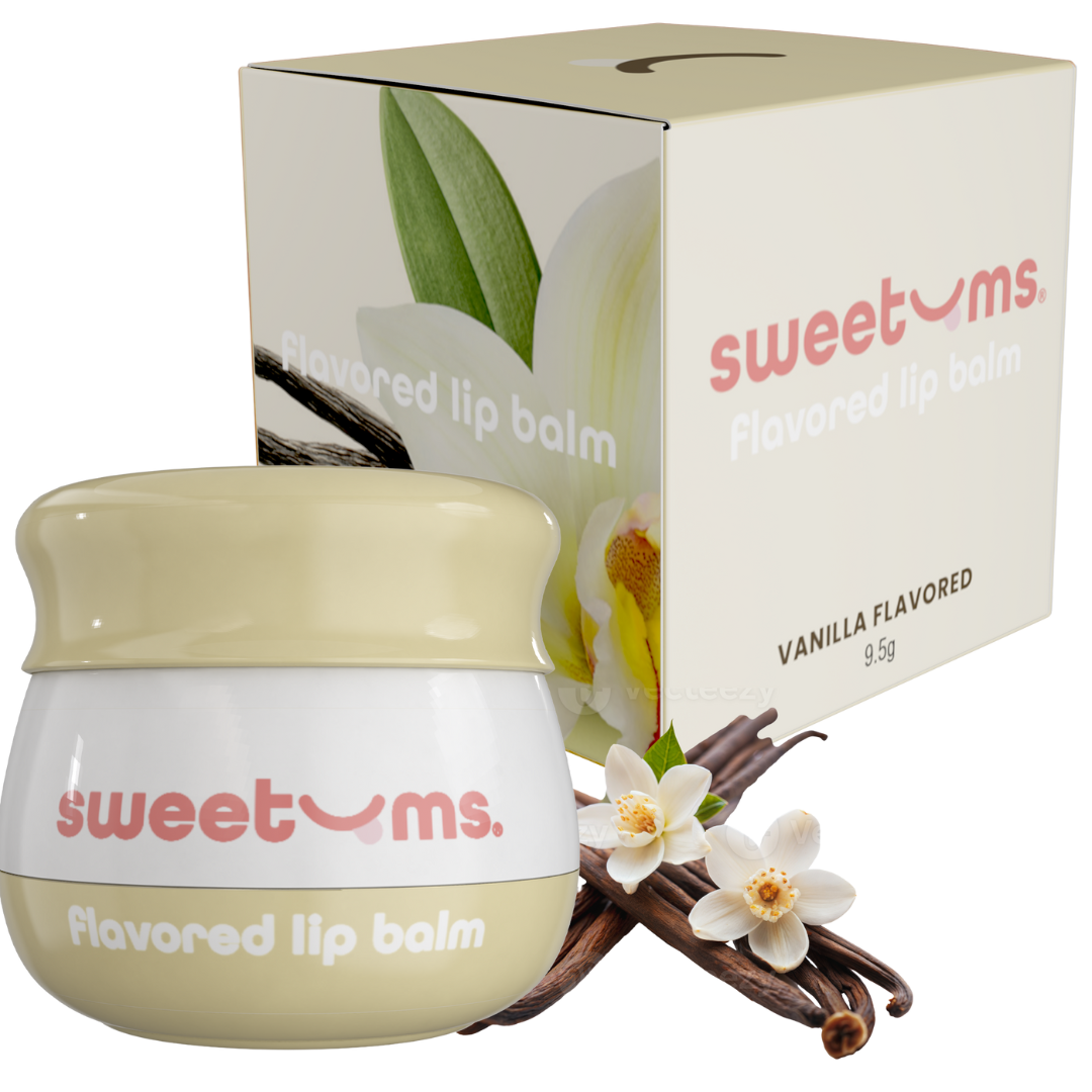Vanilla flavored lip balm with packaging and vanilla beans on a white background